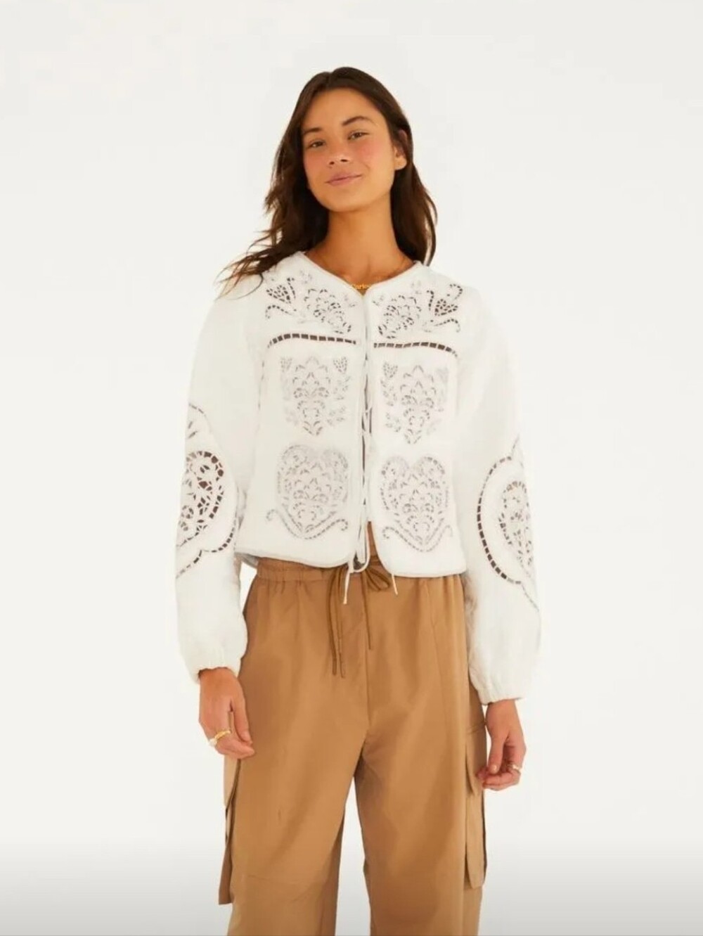 FARM Rio NWT Mystic Richelieu Eyelet Quilted Tie-Front Jacket Size M